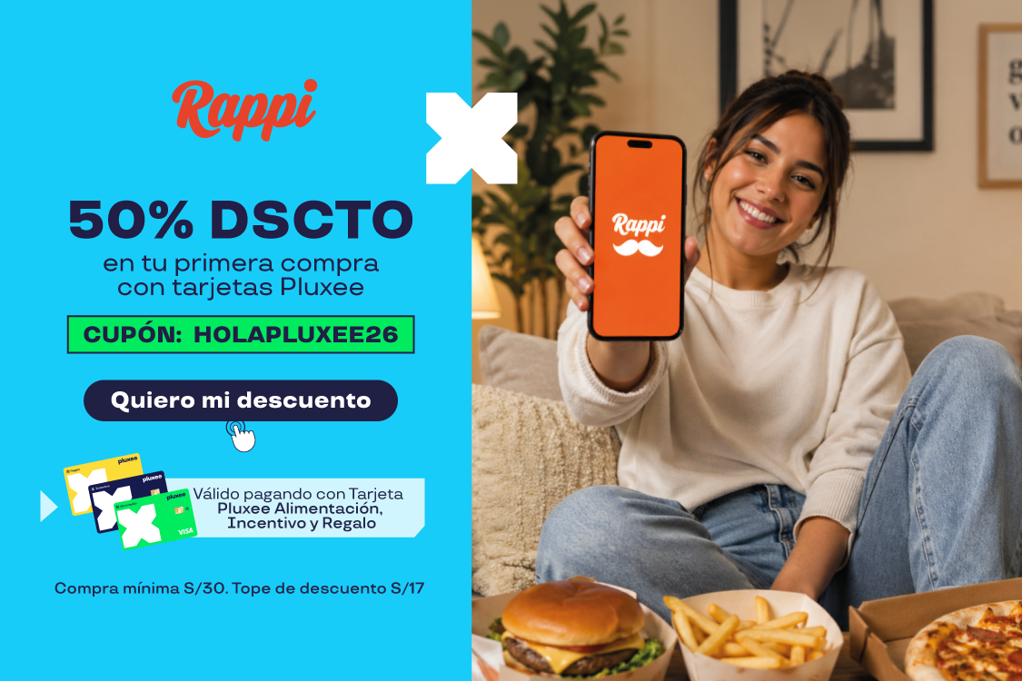 "BENEFICIO: 50% OFF EN LA PRIMERA COMPRA EN TODA LA APP. COMPRA MÍNIMA DE S/30 Y TOPE DE DESCUENTO DE S/17.CUPÓN:HOLAPLUXEE26"